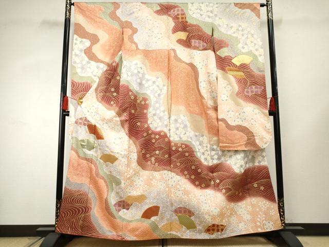 平和屋着物●豪華振袖 駒刺繍 佐賀錦 地紙花文 暈し染め 金糸 金彩 正絹 逸品 AABF3012cs