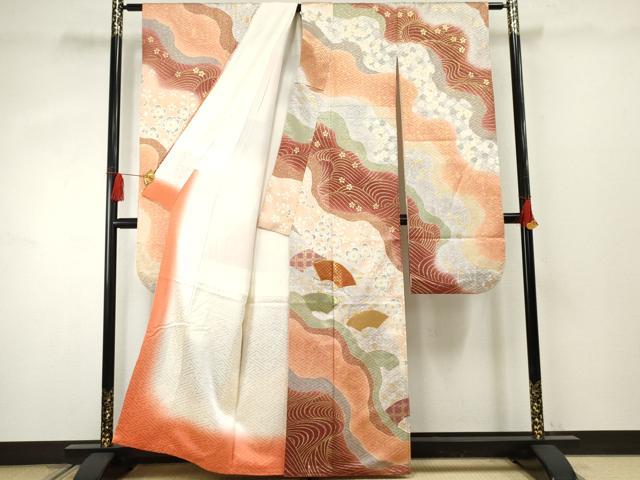 平和屋着物●豪華振袖 駒刺繍 佐賀錦 地紙花文 暈し染め 金糸 金彩 正絹 逸品 AABF3012cs