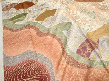 平和屋着物●豪華振袖 駒刺繍 佐賀錦 地紙花文 暈し染め 金糸 金彩 正絹 逸品 AABF3012cs