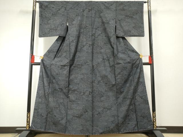 平和屋着物●本場大島紬 雲取り風景草花文 黒地 正絹 逸品 未使用 AABF3015cs