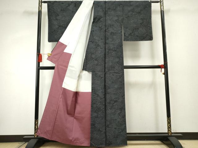 平和屋着物●本場大島紬 雲取り風景草花文 黒地 正絹 逸品 未使用 AABF3015cs