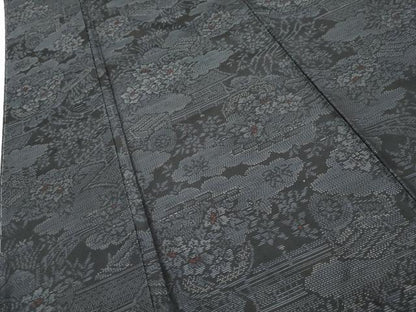 平和屋着物●本場大島紬 雲取り風景草花文 黒地 正絹 逸品 未使用 AABF3015cs
