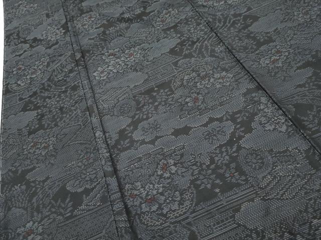 平和屋着物●本場大島紬 雲取り風景草花文 黒地 正絹 逸品 未使用 AABF3015cs
