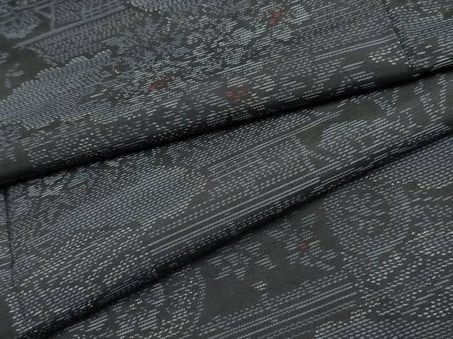 平和屋着物●本場大島紬 雲取り風景草花文 黒地 正絹 逸品 未使用 AABF3015cs