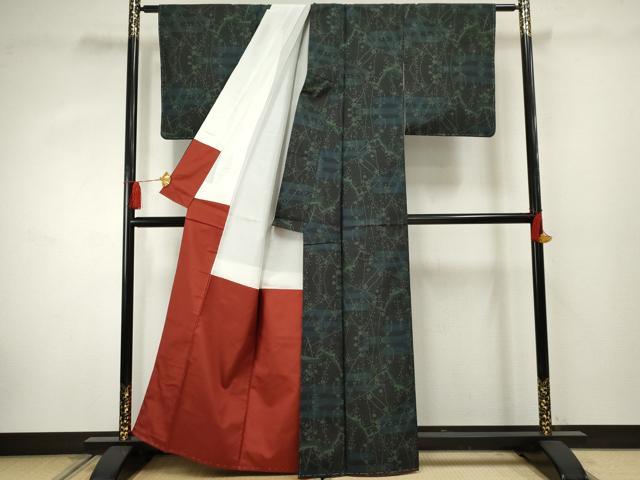 平和屋着物●本場大島紬 一元7マルキ エ霞枝花文 黒地 正絹 逸品 未使用 AABF3021cs