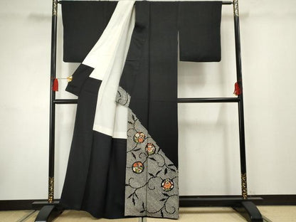平和屋着物●訪問着 絞り 刺繍 更紗花文 黒地 正絹 逸品 AABF3025cs