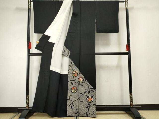 平和屋着物●訪問着 絞り 刺繍 更紗花文 黒地 正絹 逸品 AABF3025cs