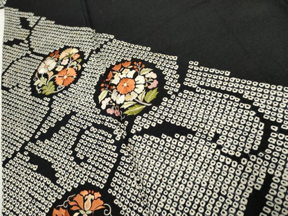 平和屋着物●訪問着 絞り 刺繍 更紗花文 黒地 正絹 逸品 AABF3025cs