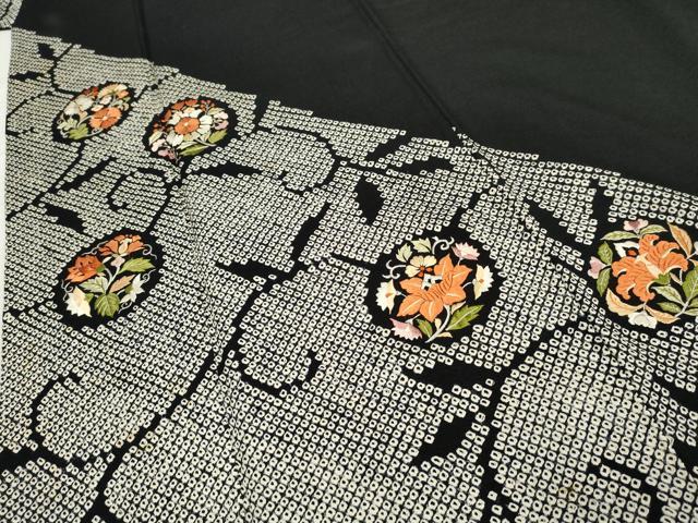 平和屋着物●訪問着 絞り 刺繍 更紗花文 黒地 正絹 逸品 AABF3025cs