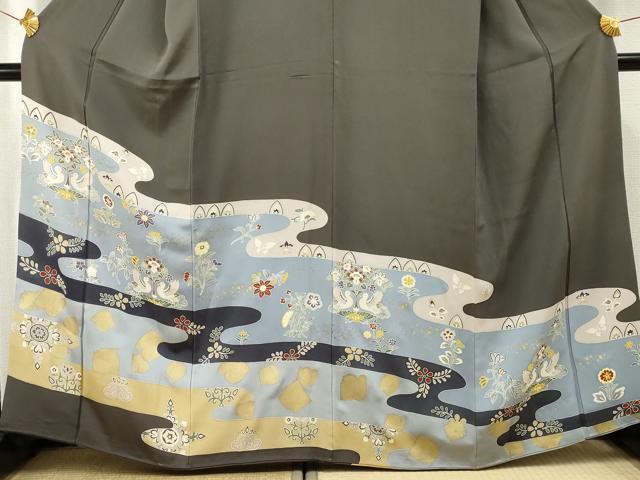 平和屋着物●豪華色留袖 友禅 双鳥枝花文 金彩 正絹 逸品 AABF3029cs