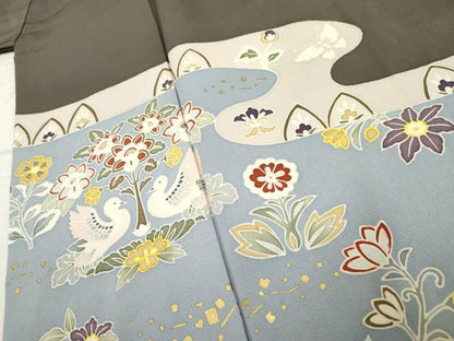 平和屋着物●豪華色留袖 友禅 双鳥枝花文 金彩 正絹 逸品 AABF3029cs