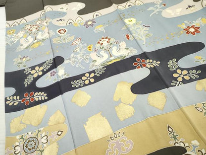 平和屋着物●豪華色留袖 友禅 双鳥枝花文 金彩 正絹 逸品 AABF3029cs