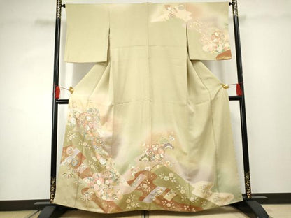 平和屋着物●訪問着 駒刺繍 地紙吉祥花松文 暈し染め 金彩 正絹 逸品 AABF3031cs