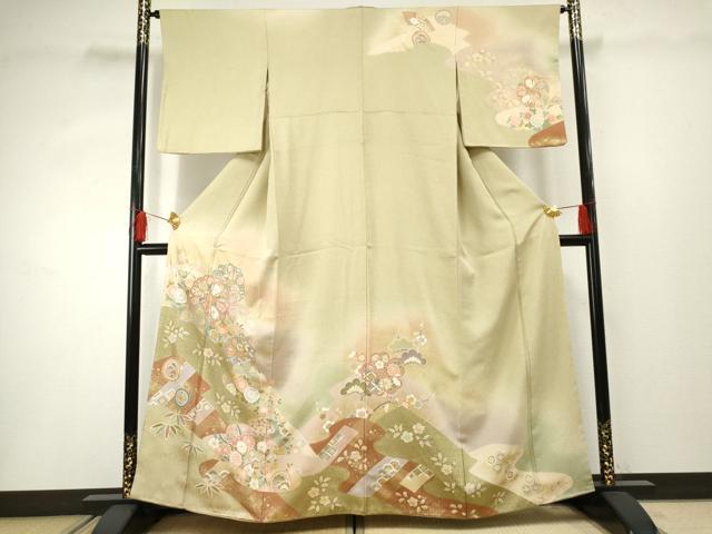 平和屋着物●訪問着 駒刺繍 地紙吉祥花松文 暈し染め 金彩 正絹 逸品 AABF3031cs