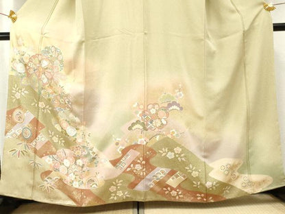 平和屋着物●訪問着 駒刺繍 地紙吉祥花松文 暈し染め 金彩 正絹 逸品 AABF3031cs