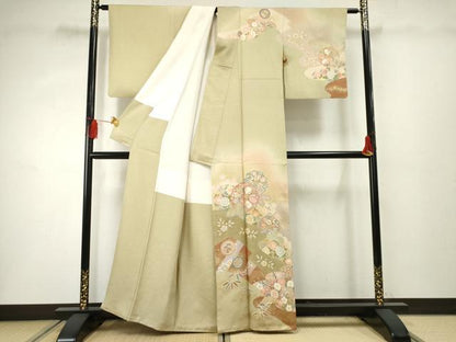 平和屋着物●訪問着 駒刺繍 地紙吉祥花松文 暈し染め 金彩 正絹 逸品 AABF3031cs