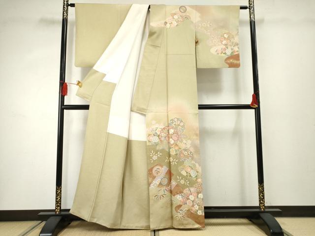 平和屋着物●訪問着 駒刺繍 地紙吉祥花松文 暈し染め 金彩 正絹 逸品 AABF3031cs