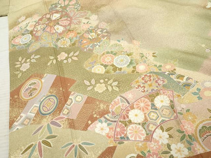 平和屋着物●訪問着 駒刺繍 地紙吉祥花松文 暈し染め 金彩 正絹 逸品 AABF3031cs