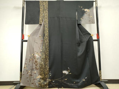 平和屋着物●訪問着 扇面枝花文 暈し染め 黒地 金銀彩 正絹 逸品 AABF3035cs