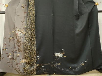 平和屋着物●訪問着 扇面枝花文 暈し染め 黒地 金銀彩 正絹 逸品 AABF3035cs