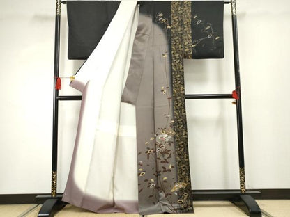 平和屋着物●訪問着 扇面枝花文 暈し染め 黒地 金銀彩 正絹 逸品 AABF3035cs