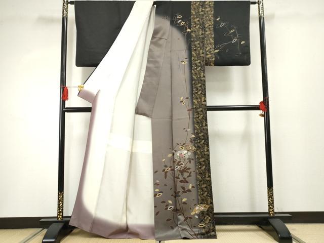 平和屋着物●訪問着 扇面枝花文 暈し染め 黒地 金銀彩 正絹 逸品 AABF3035cs