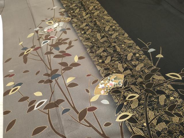 平和屋着物●訪問着 扇面枝花文 暈し染め 黒地 金銀彩 正絹 逸品 AABF3035cs