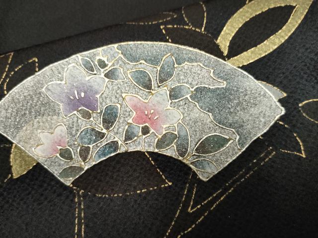 平和屋着物●訪問着 扇面枝花文 暈し染め 黒地 金銀彩 正絹 逸品 AABF3035cs