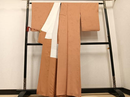 平和屋着物■上質な色無地 草花地紋 江戸茶色 お召縮緬 正絹 逸品 AABF3067ph