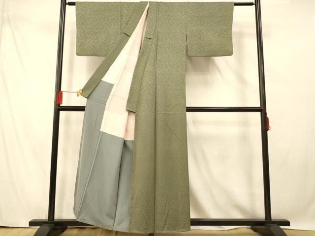 平和屋着物■上質な色無地 草葉地紋 老竹色 正絹 逸品 AABF3175fw