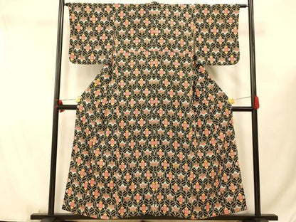 平和屋着物■上質な小紋 桐文 黒地 正絹 逸品 AABF3220fw
