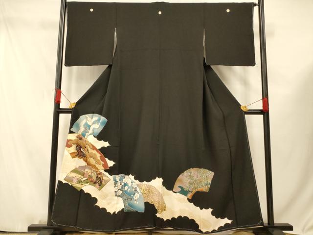 平和屋着物■豪華黒留袖 駒刺繍 地紙飛鶴御所車文 金彩 正絹 逸品 未使用 AABF3224fw