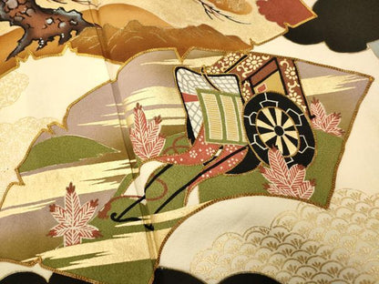 平和屋着物■豪華黒留袖 駒刺繍 地紙飛鶴御所車文 金彩 正絹 逸品 未使用 AABF3224fw