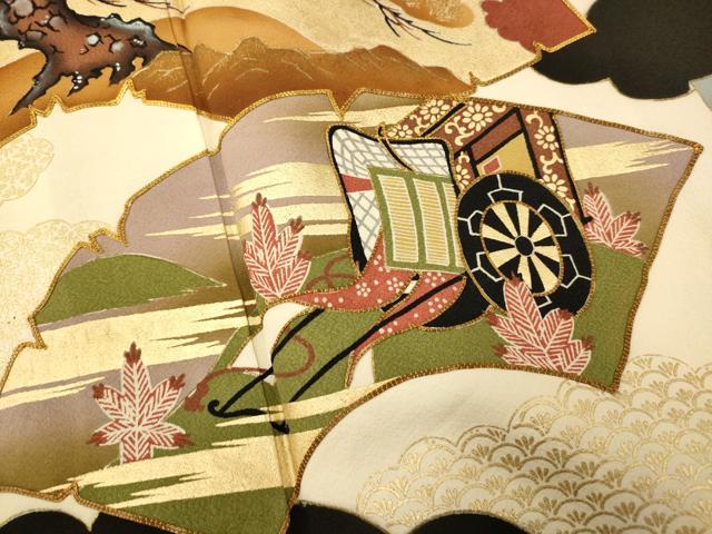 平和屋着物■豪華黒留袖 駒刺繍 地紙飛鶴御所車文 金彩 正絹 逸品 未使用 AABF3224fw