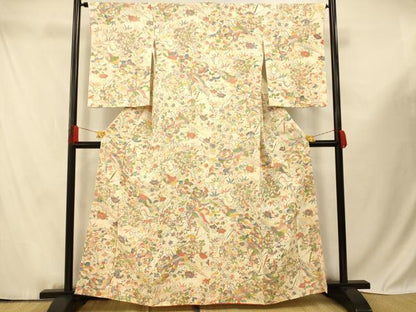 平和屋着物■上質な小紋 花鳥文 鬼しぼ縮緬 正絹 逸品 AABF3241fw
