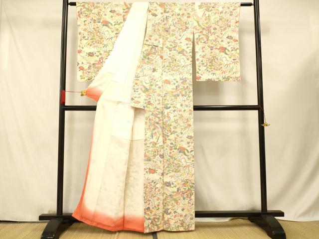平和屋着物■上質な小紋 花鳥文 鬼しぼ縮緬 正絹 逸品 AABF3241fw