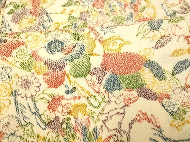 平和屋着物■上質な小紋 花鳥文 鬼しぼ縮緬 正絹 逸品 AABF3241fw