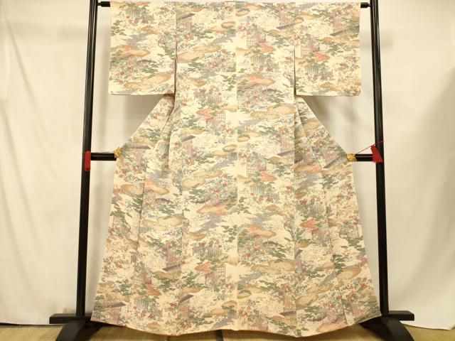 平和屋着物■上質な小紋 風景文 金彩 鬼しぼ縮緬 正絹 逸品 AABF3288fw