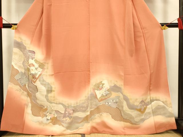 平和屋着物■豪華色留袖　色紙草花文　暈し染め　金銀彩　正絹　逸品　AABF3315fw