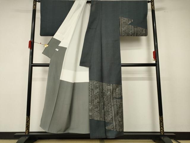 平和屋着物●山岡古都・古都染人 染織美術品 薬墨染 天目織 お召 訪問着 更紗花文 正絹 逸品 AABF3339nf