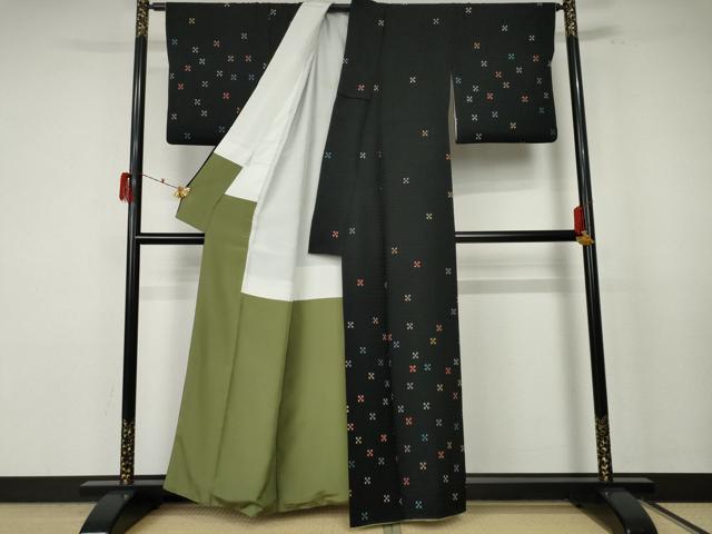 平和屋着物●訪問着 市松地紋 黒地 正絹 逸品 AABF3341nf