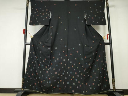 平和屋着物●訪問着 市松地紋 黒地 正絹 逸品 AABF3341nf