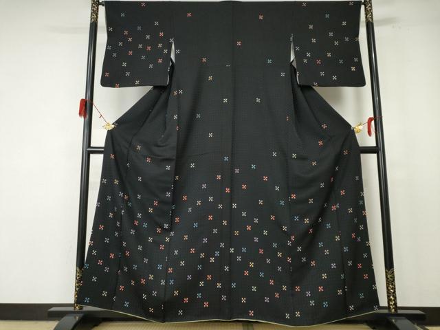 平和屋着物●訪問着 市松地紋 黒地 正絹 逸品 AABF3341nf