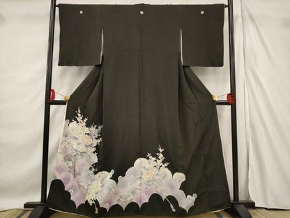 平和屋着物■豪華黒留袖　刺繍　草花文　銀糸　銀彩　正絹　逸品　AABF3367st