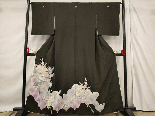 平和屋着物■豪華黒留袖　刺繍　草花文　銀糸　銀彩　正絹　逸品　AABF3367st