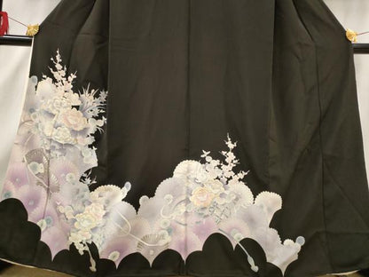 平和屋着物■豪華黒留袖　刺繍　草花文　銀糸　銀彩　正絹　逸品　AABF3367st