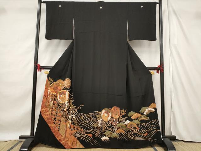 平和屋着物■豪華黒留袖　駒刺繍　飛鶴鼓文　金彩　正絹　逸品　AABF3372st