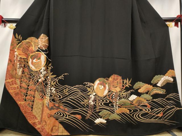 平和屋着物■豪華黒留袖　駒刺繍　飛鶴鼓文　金彩　正絹　逸品　AABF3372st