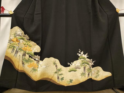 平和屋着物■豪華黒留袖　駒刺繍　松竹梅　暈し染め　金糸　金彩　正絹　逸品　AABF3377st