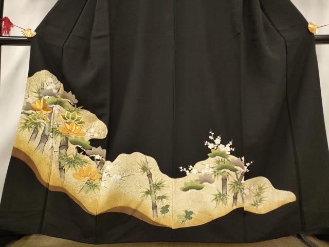 平和屋着物■豪華黒留袖　駒刺繍　松竹梅　暈し染め　金糸　金彩　正絹　逸品　AABF3377st